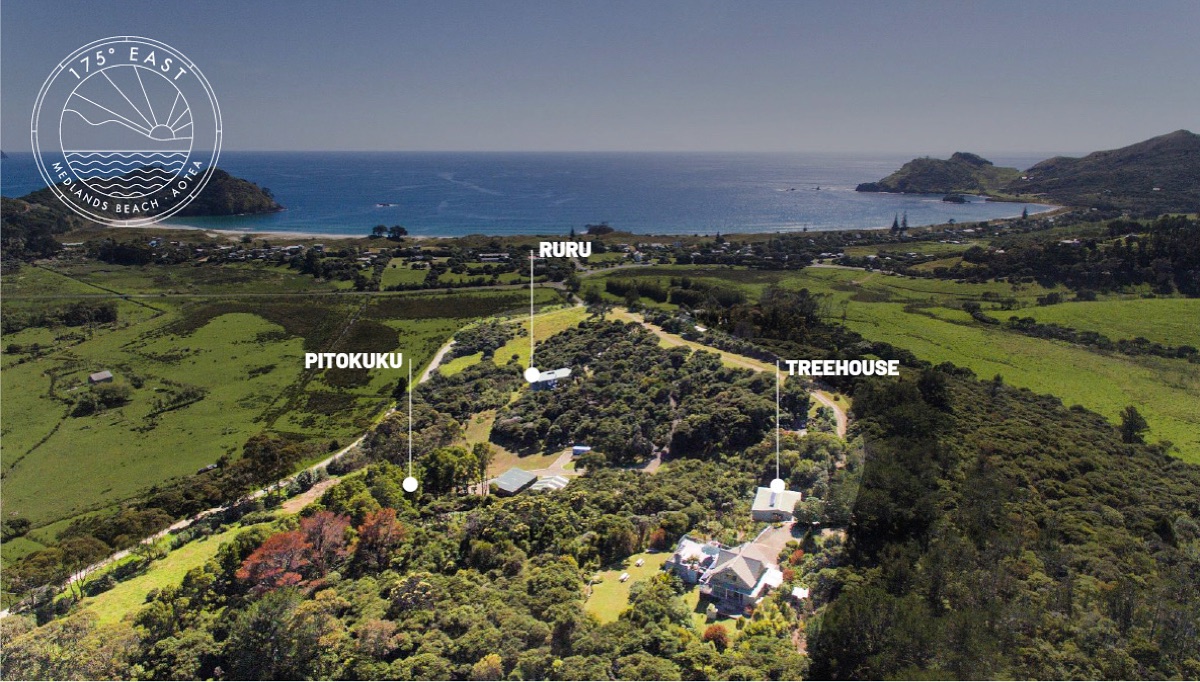 The Whole Estate at 175° East — all three holiday homes, 14 acres, sleeps 25, Medlands Beach Great Barrier Island